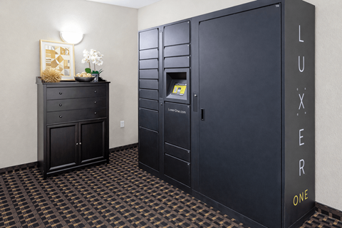 Package locker system in resident area at The Ponds at Heritage Place Apartments, Minnesota