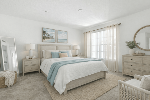 A bedroom with a large bed, a mirror, and a painting on the wall.