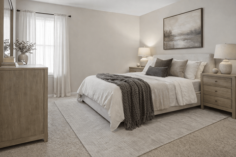 A bedroom with a large bed, a nightstand, and a dresser.