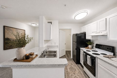 A kitchen with black appliances and white cabinets.