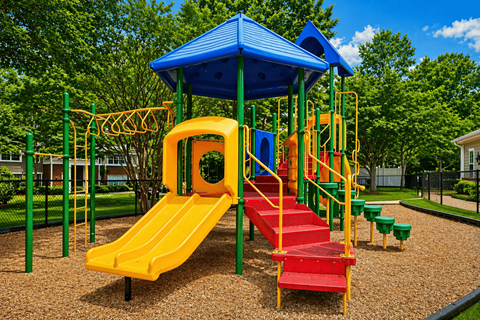 A playground with a yellow slide and a blue roof.