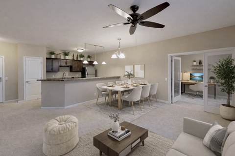 Open concept living and dining area with modern kitchen at The Ponds at Heritage Place Apartments, Minnesota, 56377