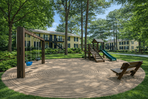 A playground with a slide, swings and a bench in the middle of a circular sand pit.