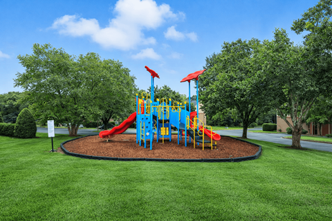 A playground with a blue and yellow structure and a red slide.