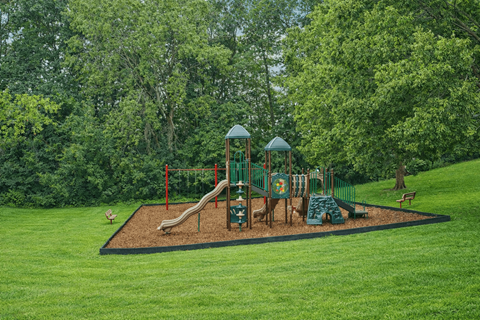 Playground area surrounded by lush green lawn at Carver Ridge Townhomes Apartments, Chaska, 55318