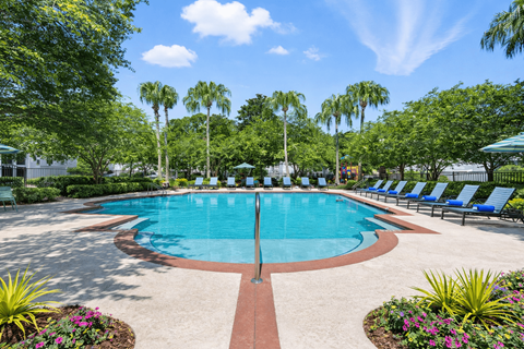 A large swimming pool surrounded by trees and lawn chairs.