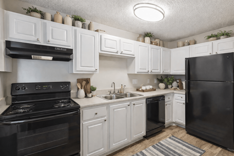 A black stove and oven in a kitchen with white cabinets.