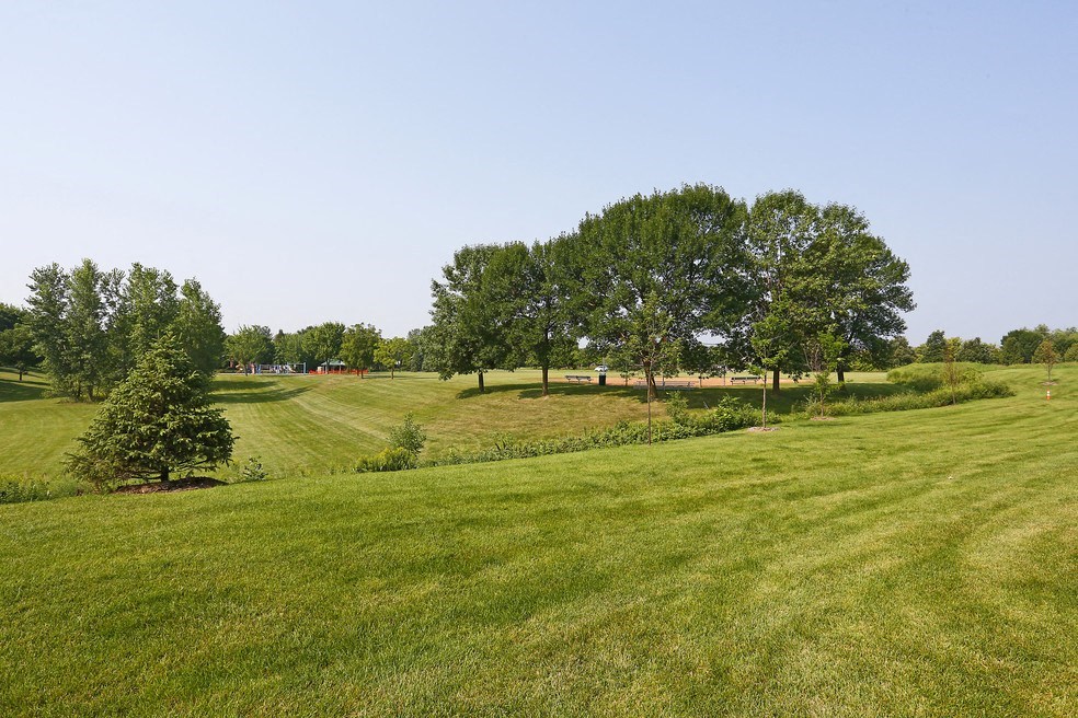 a grassy field with trees on a hill
