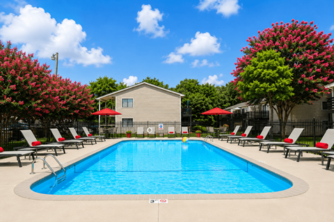 A pool surrounded by red umbrellas and lounge chairs.