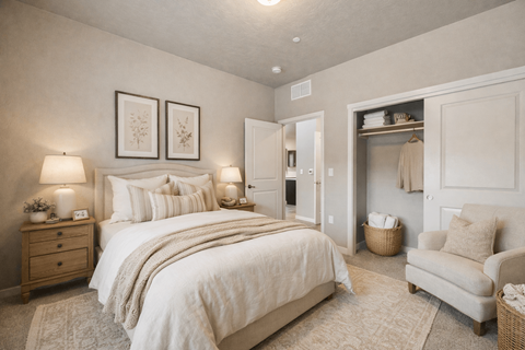 Bedroom with neutral tones and open closet at Harper Ridge Apartments, Meridian, 83642