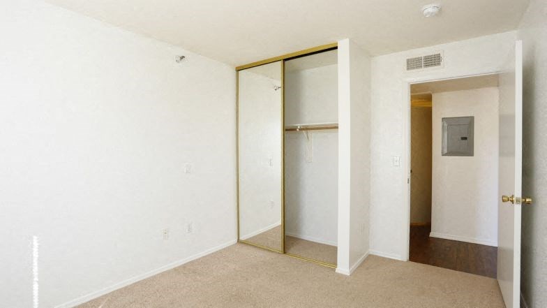 an empty room with a mirror and a closet