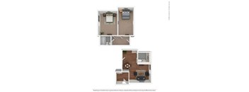 A floor plan of a two-bedroom apartment with a kitchen and living room.