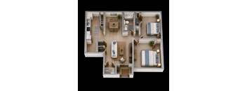 A 3D floor plan of a house with two bedrooms, a living room, a kitchen, and a bathroom.
