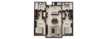 A diagram shows the layout of a house with a living room, two dining rooms, two kitchens, and four bedrooms.