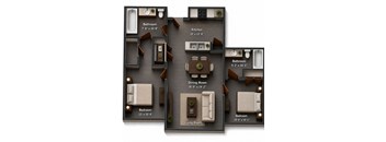 A floor plan of a house with a kitchen, two bathrooms, two bedrooms, a dining room, and a living room.