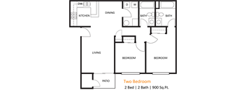 A floor plan of a two bedroom apartment with a living room, dining room, kitchen, two bathrooms, and a patio.