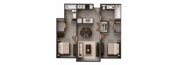 A diagram shows a floor plan of an apartment with a living room, two bedrooms, a dining room, a kitchen, and two bathrooms.