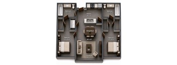 A diagram shows the layout of a house with a living room, dining room, kitchen, and two bathrooms.