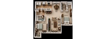 A 3D floor plan of a house showing the layout of the rooms.