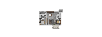 a stylized floor plan with a bedroom and living room