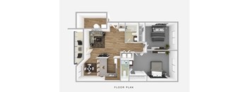 A floor plan of a small apartment with a kitchen, living room, and bedrooms.