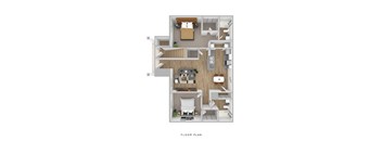 A floor plan of a house with a living room, kitchen, and two bedrooms.