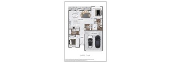 A floor plan of a house with a garage and two cars.