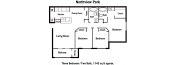 a floor plan of a living room with three bedrooms and a bathroom