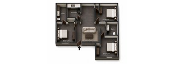 A 3D rendered image of a house layout with labeled rooms.