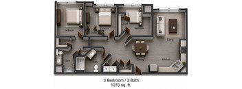 A 3 bedroom apartment with 2 bathrooms and a living area.