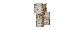 A floor plan of a house with two bedrooms, a living room, a kitchen, a bathroom, and a storage area.