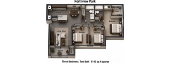 A 3D floor plan of a Northview Park apartment with three bedrooms and two bathrooms.