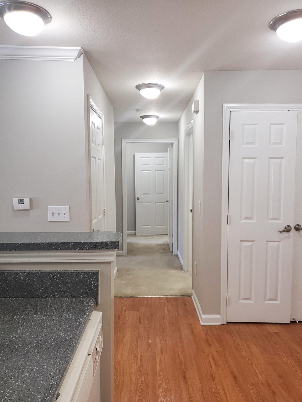 A well-lit hallway in an apartment with light gray walls, white doors, and a mix of wood and carpet flooring. The kitchen counter with dark speckled countertops is partially visible in the foreground