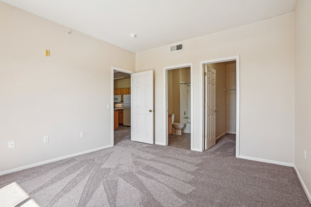 A room with carpeted floor and three open doors. at Stetson Meadows Apartments, Colorado Springs