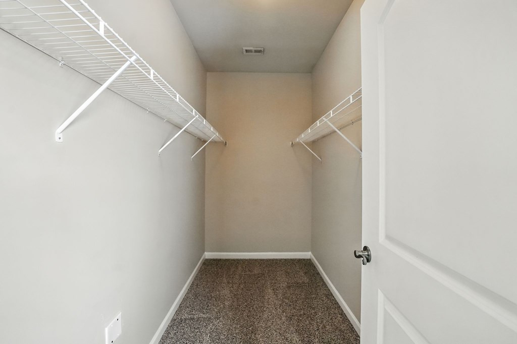 A white closet with a carpeted floor and a white door.