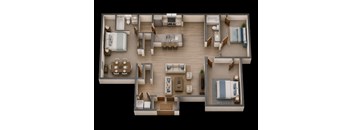 A top-down view of a house layout with a living room, dining room, kitchen, and bedrooms.