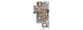 A floor plan of a house with a living room, kitchen, dining room, and bedrooms.