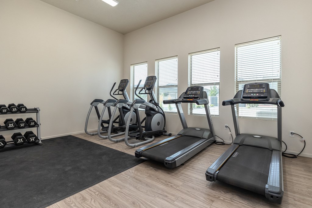 a gym with cardio machines and dumbbells on the floor
