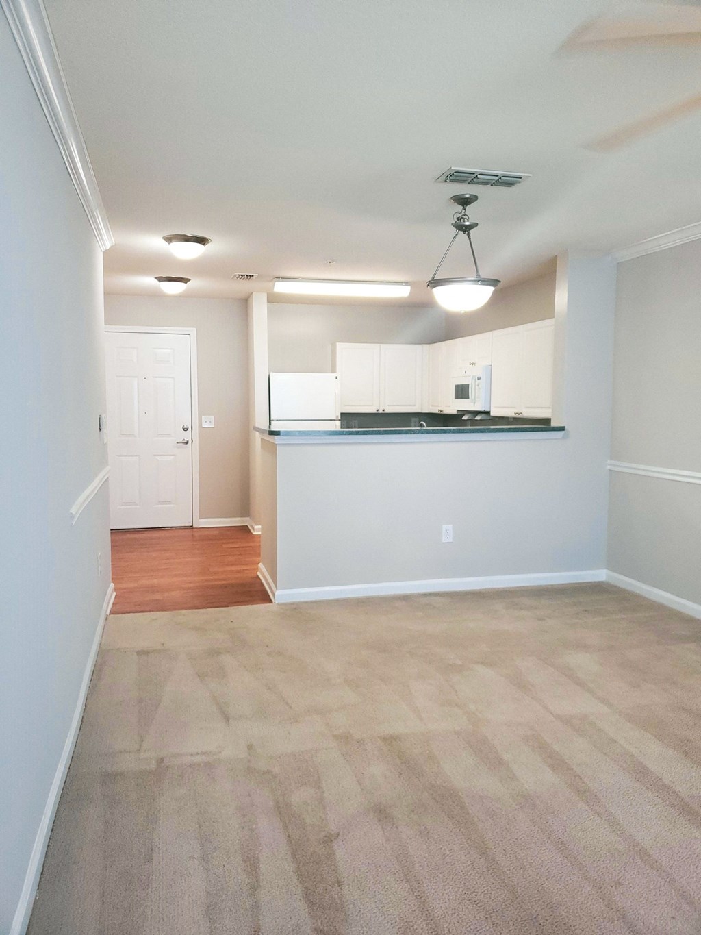 Empty apartment with a carpeted living area and an open kitchen featuring white cabinets, black countertops, and white appliances. A breakfast bar separates the spaces. The entrance with wood flooring is visible in the background