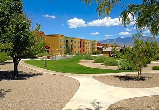 a park with trees and buildings on a sunny day