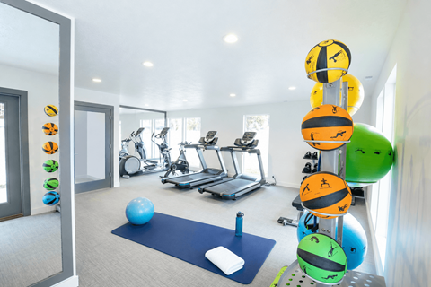 A gym with a blue mat and a blue exercise ball.