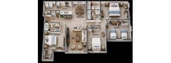 A 3D rendered image of a house layout with labeled rooms.
