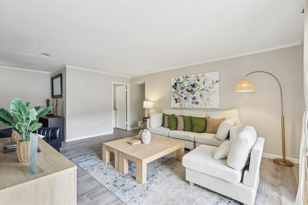 A living room with a white couch, a wooden coffee table, and a blue rug.