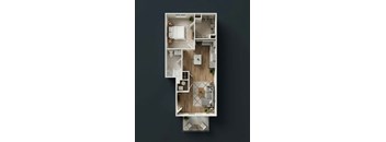 A top-down view of a modern apartment layout with a kitchen, living room, and bedrooms.