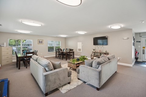 the living room and dining room with couches and a tv