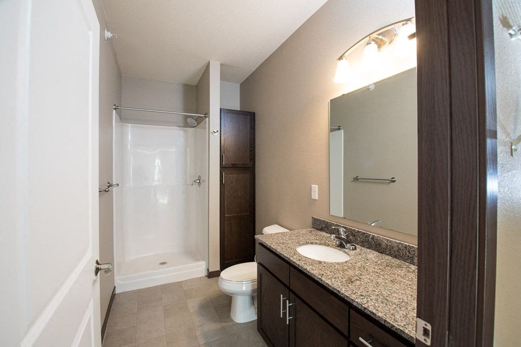 a bathroom with a sink and a shower and a toilet