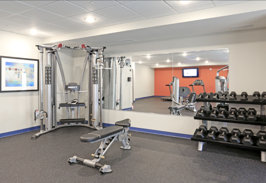 a gym with weights and cardio equipment in a building