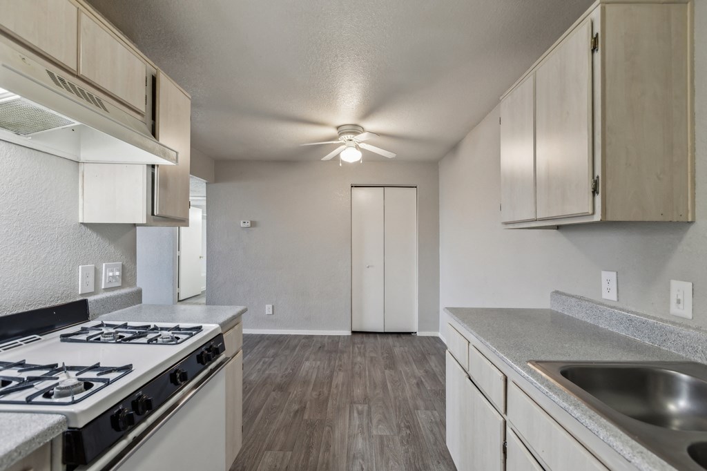 A kitchen with a stove, sink, and cabinets.