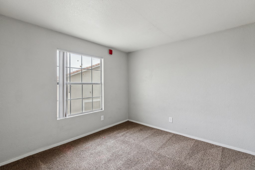 A room with a window and carpeted floor.