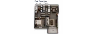 A diagram of a one bedroom apartment with a living room, bedroom, kitchen, and bathroom.